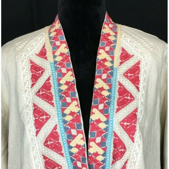 NEW Embroidered Drape Cardigan Jacket M Linen Boho - Picture 3 of 10